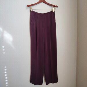 Vintage 90s Silk Wide Leg Pants Burgundy High Waisted Tailored Minimalist Office